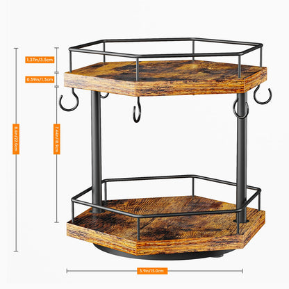KLM 2 Tier Coffee Bar Organizer Countertop Station Shelf for Home Office, Multi-Functional Coffee Mug Cup Holder Stand, Accessory Storage Rack with 6 Hooks, 360° Rotated Coffee Cup Holder for Counter