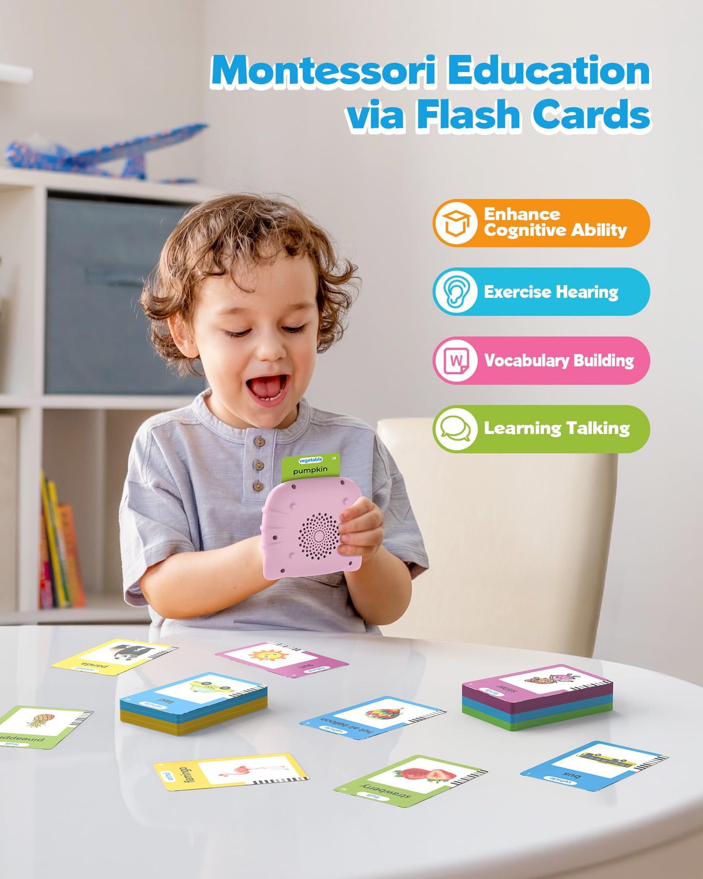 Airbition Talking Flash Cards for Toddlers 1 2 3 4 Year Olds, Montessori Language Learning Toys with 224 Words, Pocket Speech Therapy Toys, Children's Sensory Educational Device, Pink