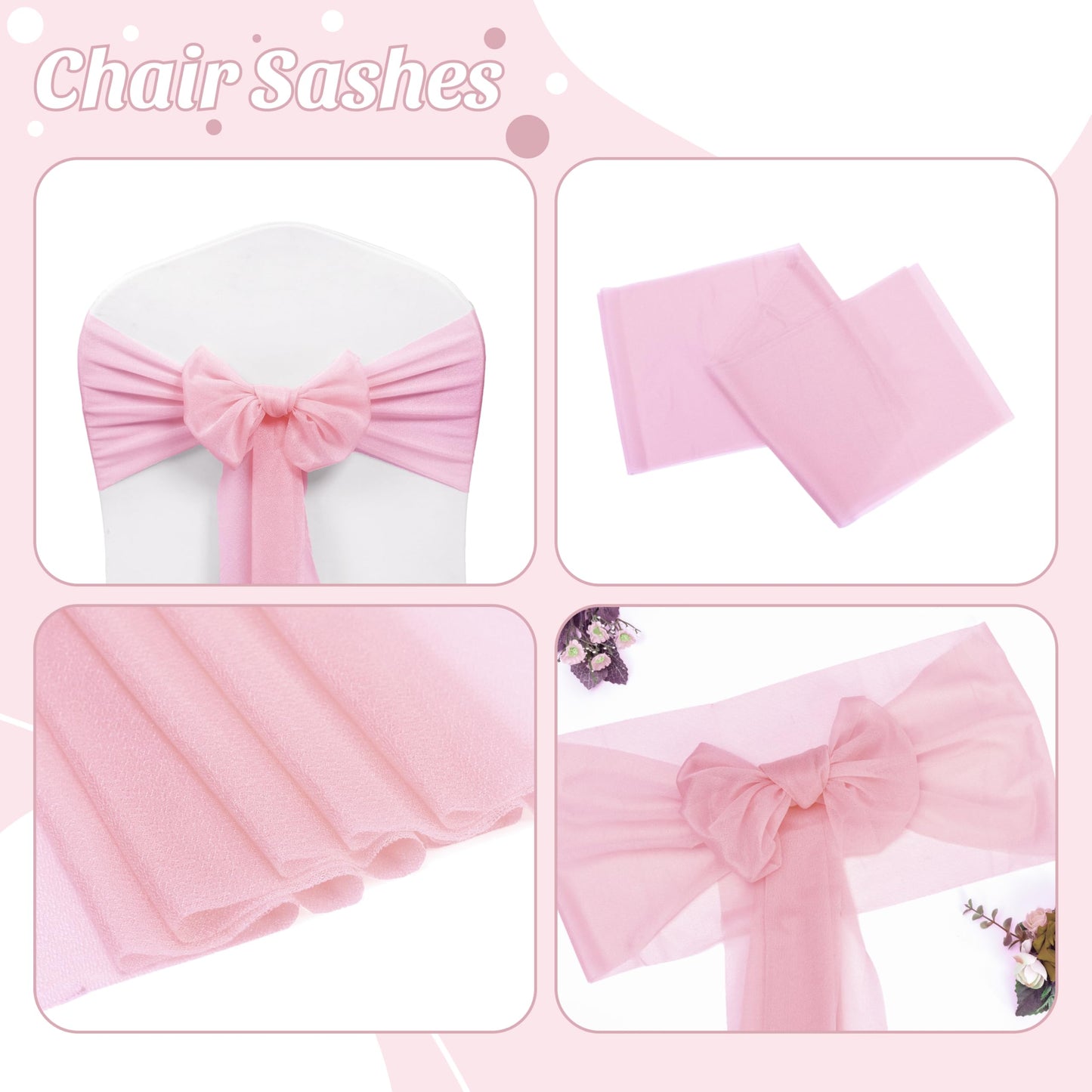 VDS Pack of 50, Blush Pink, Sheer Chiffon Chair Sashes Bows Chair Cover Back Tie Ribbon for Wedding Birthday Baby Shower Engagement Ceremony Event Party Banquet Restaurant Dining Chair Decoration