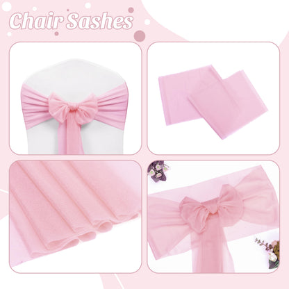 VDS Pack of 50, Blush Pink, Sheer Chiffon Chair Sashes Bows Chair Cover Back Tie Ribbon for Wedding Birthday Baby Shower Engagement Ceremony Event Party Banquet Restaurant Dining Chair Decoration