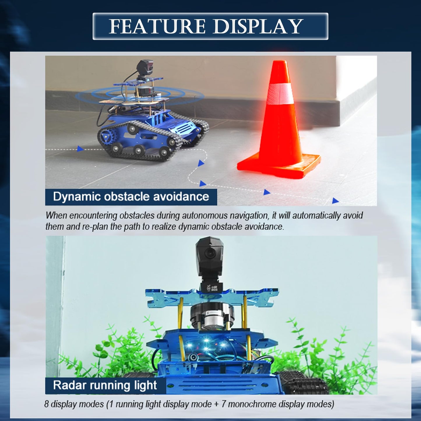 Smart Tank Robot Car ROS SLAM with LIDAR, Aluminum Alloy Chassis, Display, HD Camera, Support SLAM Mapping Navigation and Autonomous Driving (with Raspberry Pi 4B 4GB), AI Tracked Car (Blue)