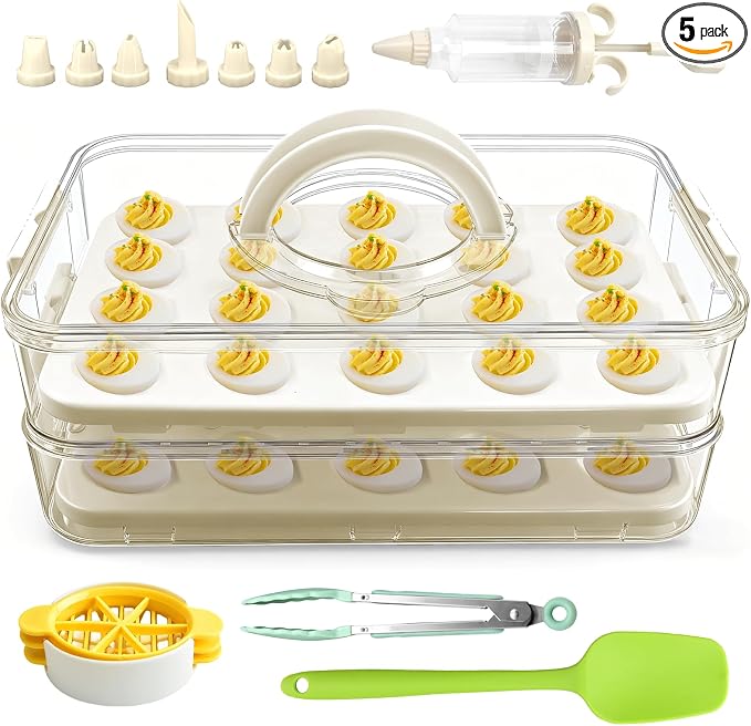 Deviled Egg Containers with Lid & Handle (2 Layer Snap-on) PET Thickened Eggs Holder Inc Egg Slicer Kitchen Tongs Silicone Spatula and Piping Decorating Kit,for Festival Party Brunch