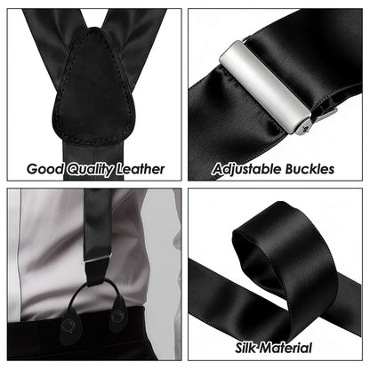 Yearntown Silk Suspenders for Men Black Tuxedo Formal Y Back Suspenders Men 54inch Formal Button End Braces for Tuxedo Pants(Trendy)