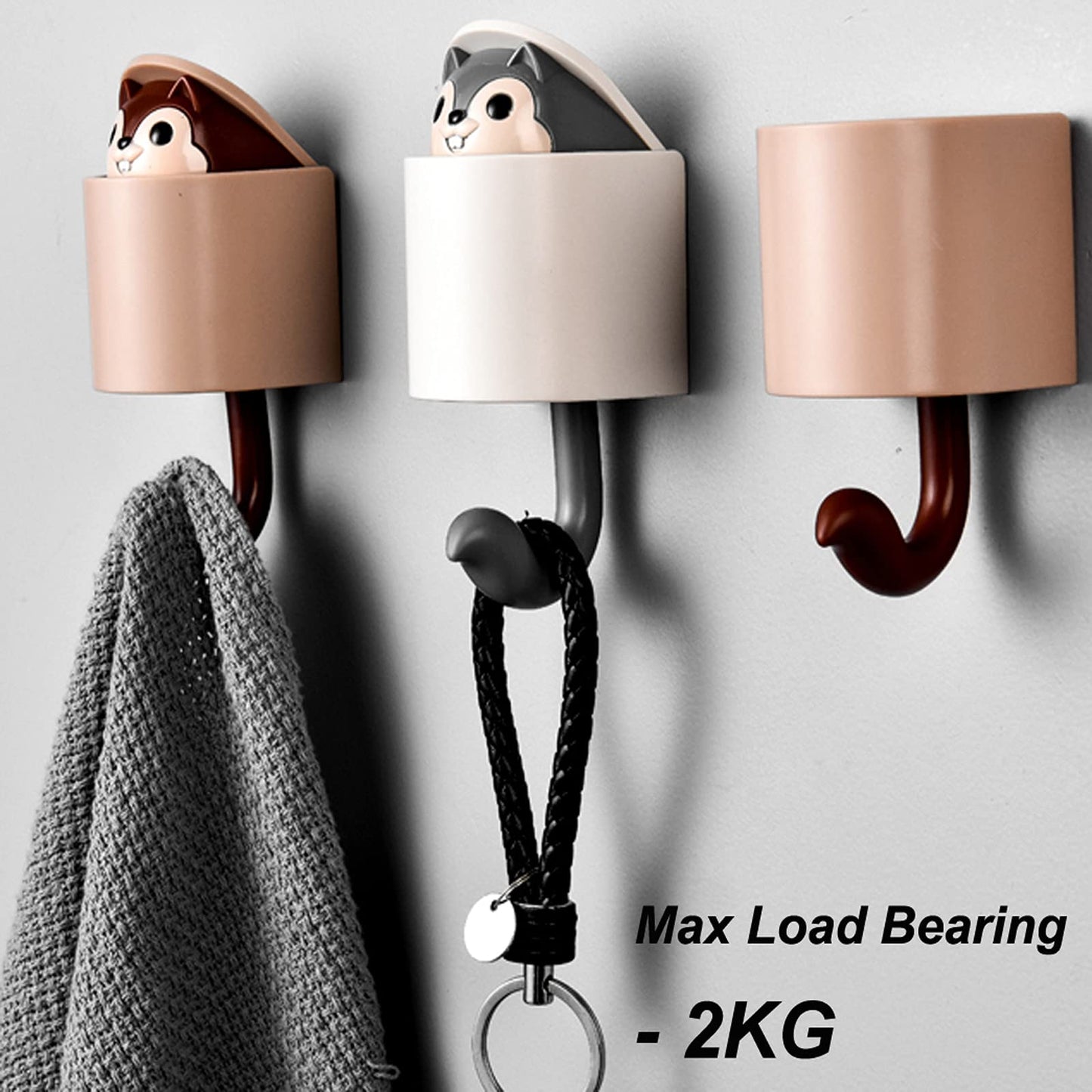 Maydahui 4 PCS Squirrel Shaped Adhesive Wall Hook Cute Cartoon Animal Wall Hooks Brown Gray for Living Room Bedroom Home Decoration
