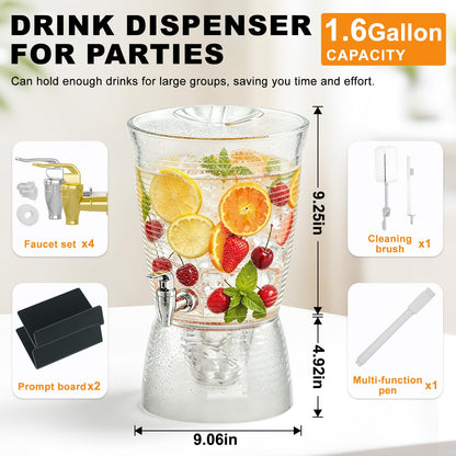1.6 Gallon Drink Dispenser for Parties, 2 Pack Plastic Beverage Container with Stand for Counter Tops, for Tea,Drinks, Juice, Punch & Water Party Hosting