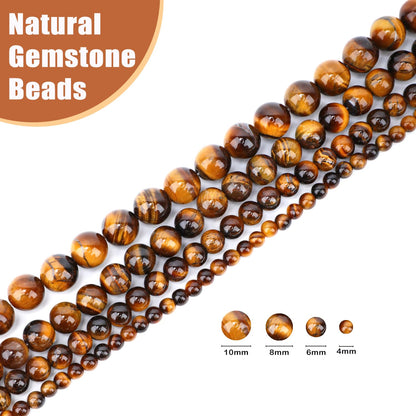 CMBYN Natural Stone Beads Round Genuine Real Stone Beading Strand Loose Gemstones DIY Smooth Bead for Bracelet Necklace Earrings Jewelry Making (Yellow Tiger's Eye, 6mm 60 Pieces)