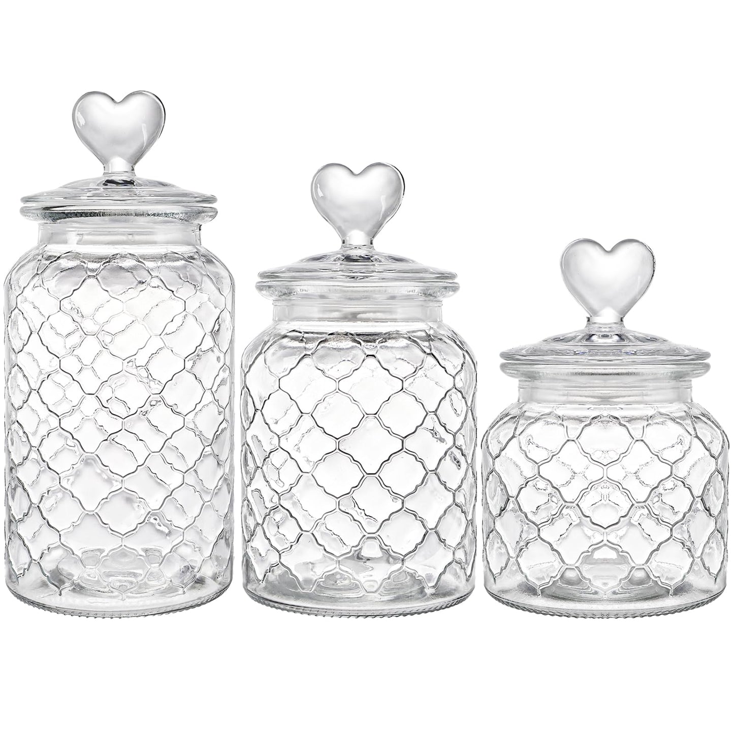 Hiceeden Set of 3 Cute Glass Jars with Airtight Lids, Candy & Cookie Food Storage Containers with Heart-shaped Handle, Glass Canister with Grid Texture for Coffee Beans, Flour, Sugar, 22/32/45oz