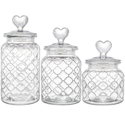 Hiceeden Set of 3 Cute Glass Jars with Airtight Lids, Candy & Cookie Food Storage Containers with Heart-shaped Handle, Glass Canister with Grid Texture for Coffee Beans, Flour, Sugar, 22/32/45oz