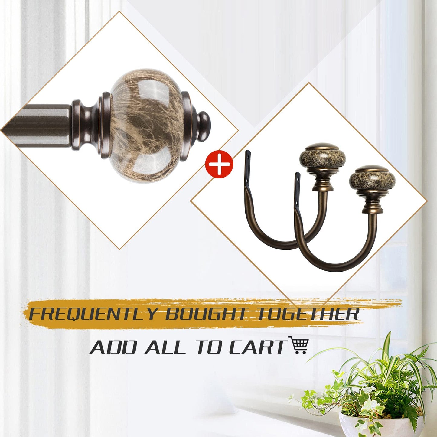 KAMANINA Decorative Curtain Holdbacks for Wall, Curtain Tiebacks Hooks with Screws Wall Mounted for Drapes Window Home Decoration, Marbled Finials, Bronze(1 Pair/2 Pack, Small)