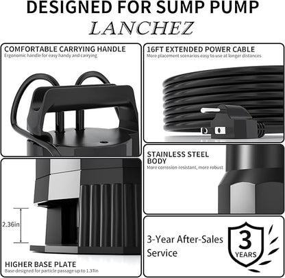 LANCHEZ 1.6HP 6000GPH Sump Pump, High Flow Submersible Water Pump with Float Switch, Automatic Transfer Water Pump for Swimming Pool Basement Flooded Pit Sewage Sink Tub, Black