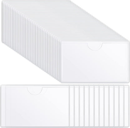 100 Self-adhesive Index Card Pockets Label Pockets sleeves with Top Open for Business Cards, Clear Plastic Sticky Labels Holders for Storage Bins Library Cards, Organizing Totes Shelves (3.7 x 2.28'')