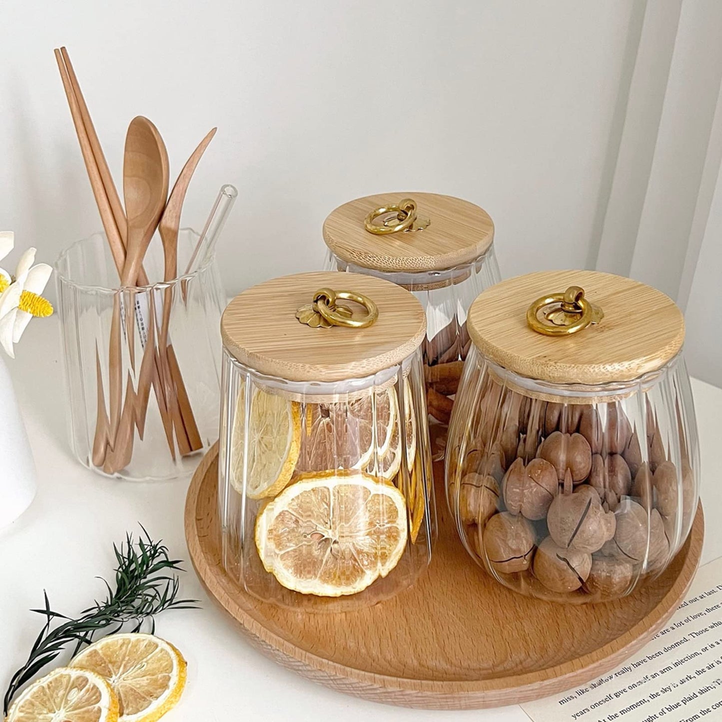 Galazzz 38 FL OZ Glass Jars with Bamboo Lids, Airtight Storage Containers, Large Candy Jars for Coffee Nuts Cookies, Decorative Glass Canister, 1130ml Oval