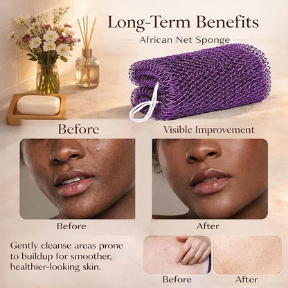 African Net Sponge Authentic, 3 Pieces African Exfoliating Net Sponge Body Back Scrubber Exfoliating Washcloth for Shower Bath for All Types (Olive Green+Yellow+Light Purple, 3 Pcs)