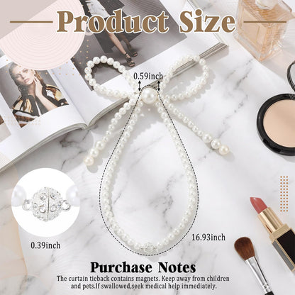 Lewtemi 4 Pcs Pearl Bow Magnetic Curtain Tiebacks Decorative Curtain Holdbacks No Drill for Mother's Day Home Outdoor Bedroom Office (Bowknot)