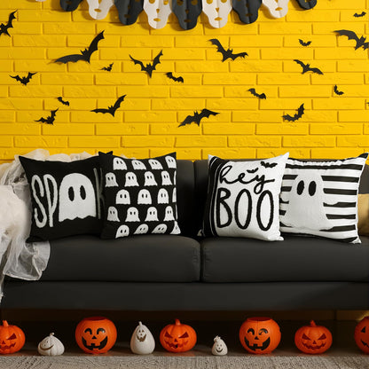 Beeveer 4 Pcs Halloween Throw Pillow Covers Set 18x18 Inch White Crochet Cute Ghost Pillow Case Embroidered Cushion Covers for Halloween Horror Farmhouse Couch Sofa Room Decor