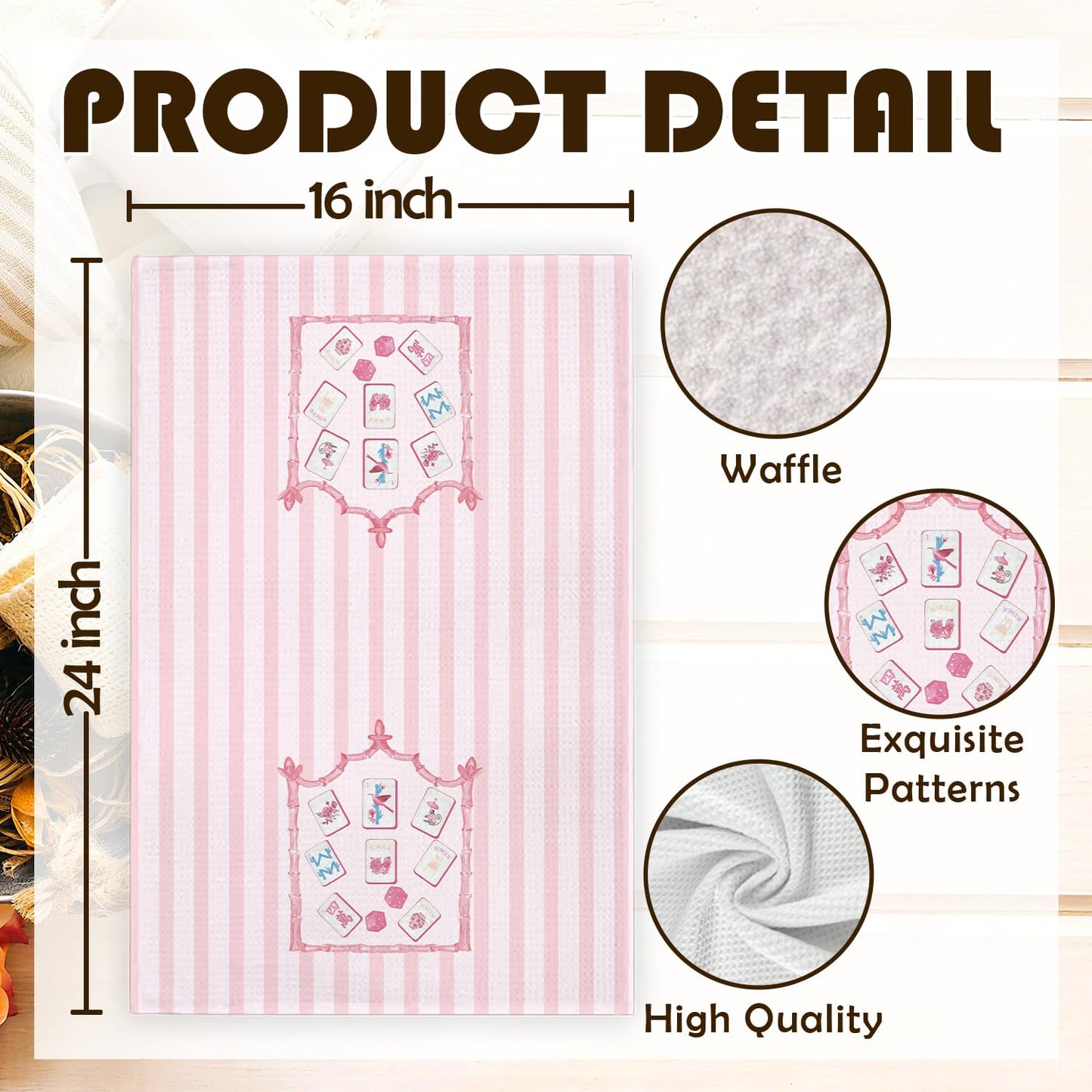 MOLYUB Pink Chinoiserie Stripe Mahjong Tile Kitchen Towels,Gifts for Mahjong Lovers,Mah Jong Decorative Waffle Hand Dish Towels,Chinoiserie Mah Jong Gifts for Women Men,16x24 Inches