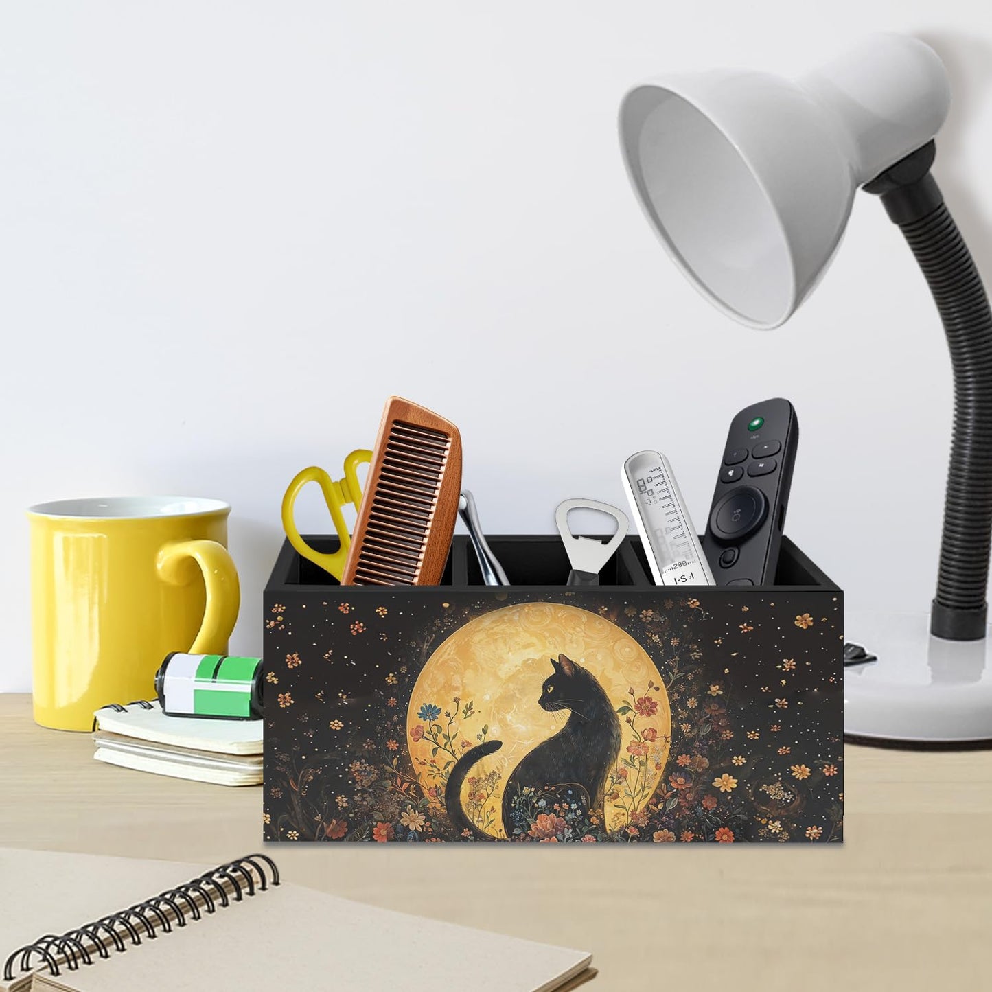 AQYIP Witchy Black Cat Pen Holder for Home Office Desk, Cat Lover Gifts, Witchy Moonlight Floral Black Cats Makeup Brush Toothbrush Holder Organizer for Bathroom Desk Accessories
