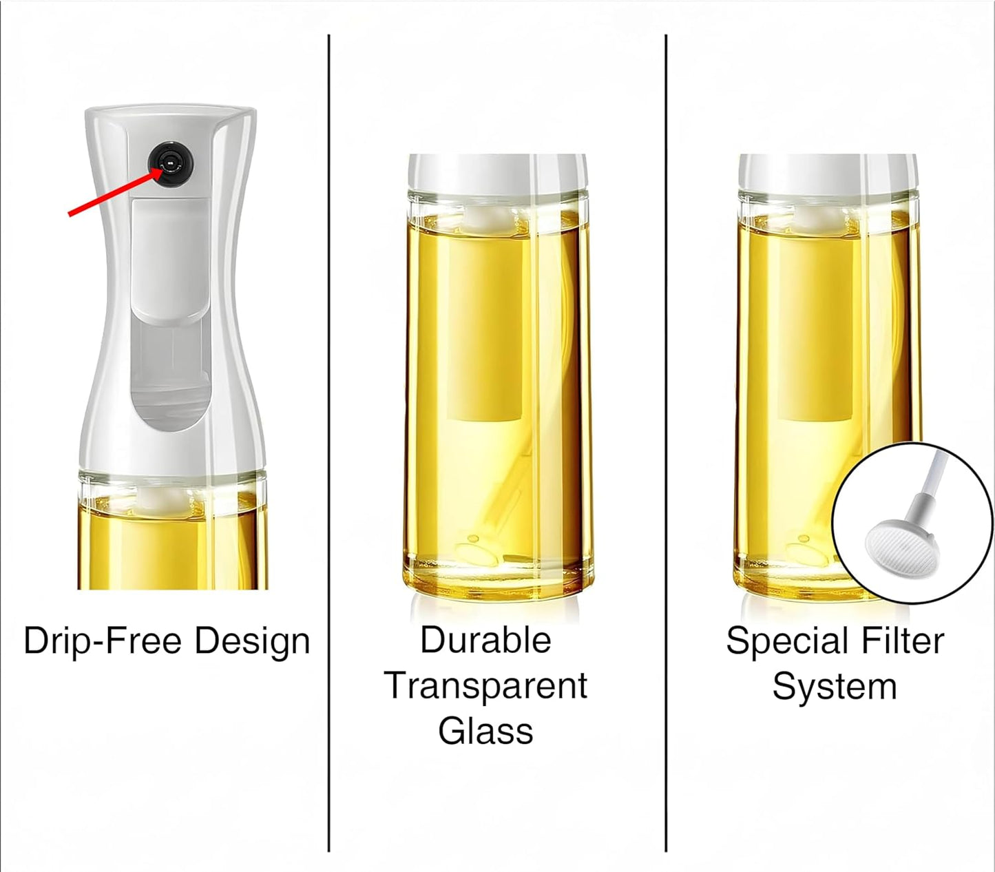 Oil Sprayer for Cooking - Olive Oil Mister Spray Bottle for Cooking - 6.7 fl.oz - Air Fryer Accessories - Refillable Glass Dispenser for Kitchen