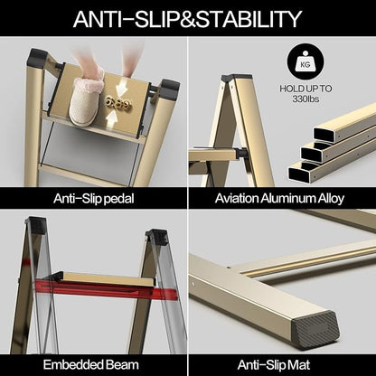4 Step Ladder, Aluminum Folding Step Stool with Anti-Slip Sturdy and Wide Pedal, Lightweight Portable Stepladder for Home and Kitchen Use, Gold, 330 lbs