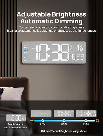 MASHI 2026 Upgrade Digital Wall Clock, 16" Large Display Digital Clock with Remote Control, Auto-Dimming Wall Clock with Night Light, DST, Date Week,Temp for Living Room, Gift for Elderly (Grey)