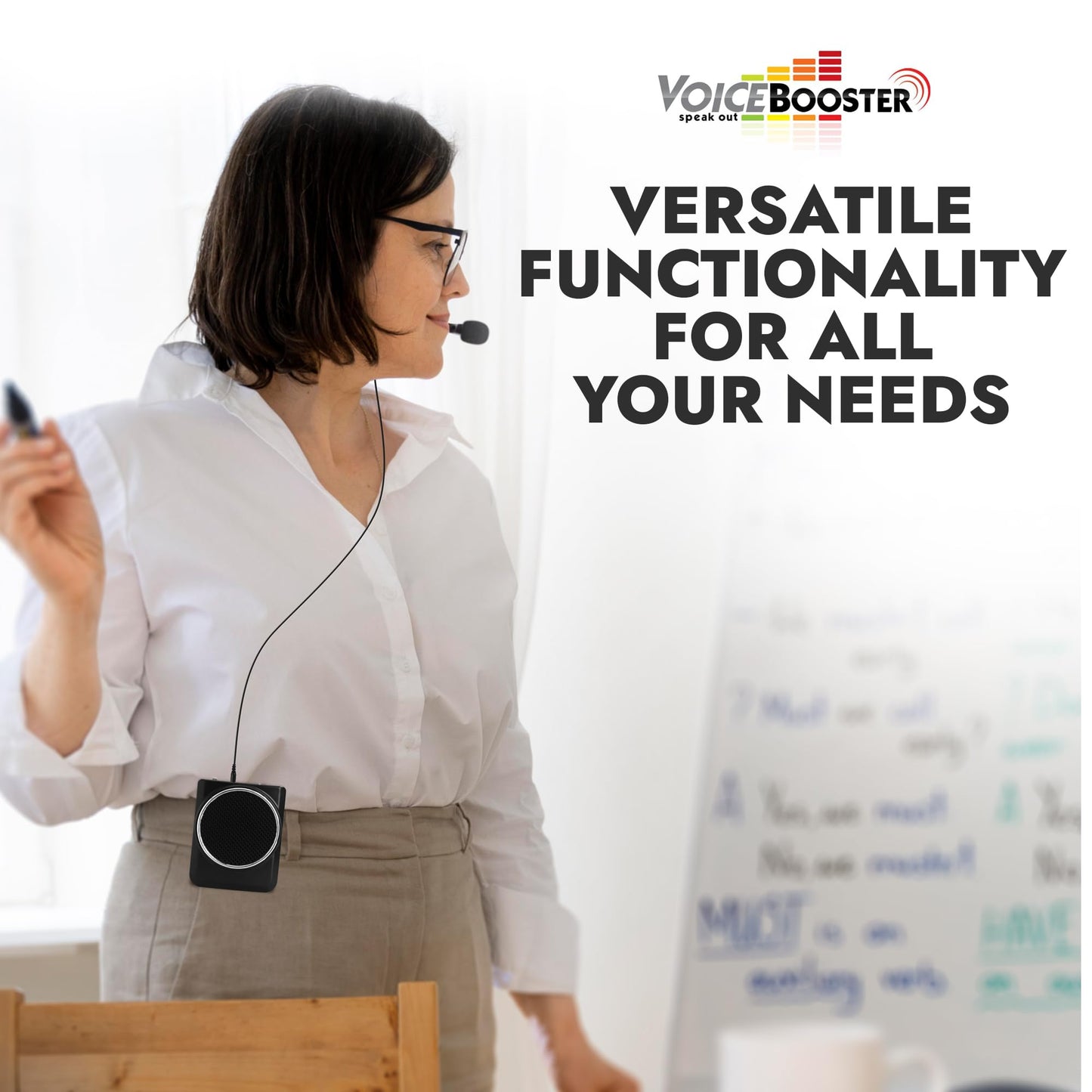 Voicebooster Portable Voice Amplifier for Teachers - 12W Rechargeable Portable Speaker with Microphone Headset for Classroom, Tour Guide, Public Speaking, Built-in MP3 Player & FM Radio - Black MR1700