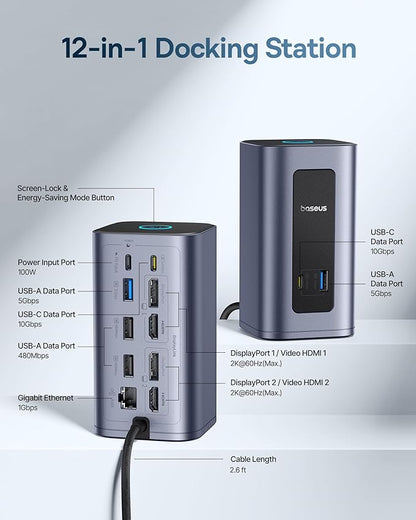 Baseus Docking Station Dual Monitor for macOS/Win, Nomos Mac Air(12 in 1) Laptop Dock Station with 4K HDMI, 10Gbps USB Ports, 1Gbps Ethernet, PD 100W(No Power Adapter)