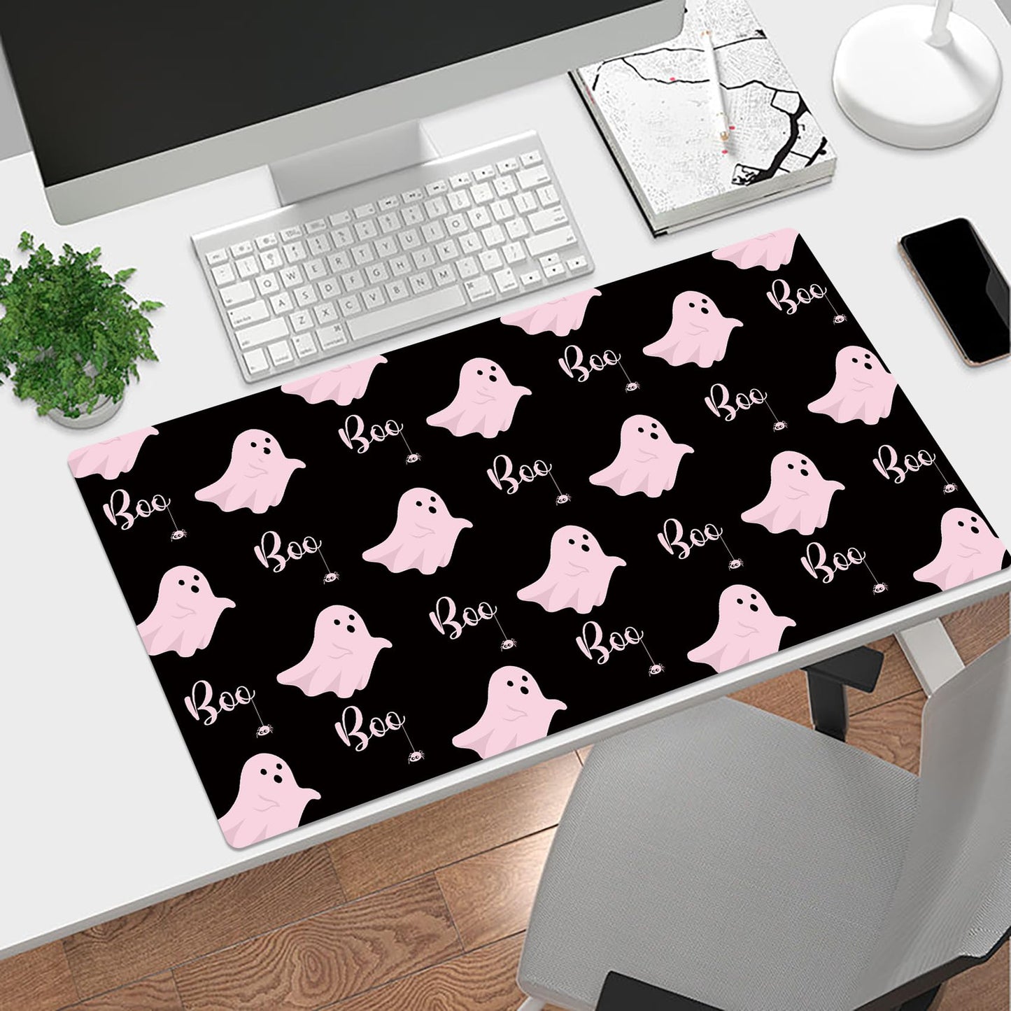 LB Funny Halloween Mouse Pad Cute Pink Ghost on Black Desk Mat for Keyboard and Mouse Desk Pad Large Gaming Mousepad Rubber Base Mouse Pad for Laptop Gaming Office Computer and Home, 31.5x15.7 inch
