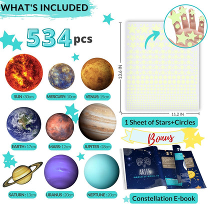 LUMOSX Glow in the Dark Stars and Planets - 534 pcs with Constellation E-Book | Solar System Wall Decal, Planet Wall Decals, Space Wall Stickers, and Space Wall Decals for Kids Room Decor (Blue)