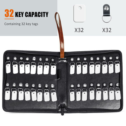 Portable Zippered Key Case, Leather Key Organizer with Handle, 32 Key Capacity, for Real Estate Sales, Hotel Executives, Car Service (Brown)