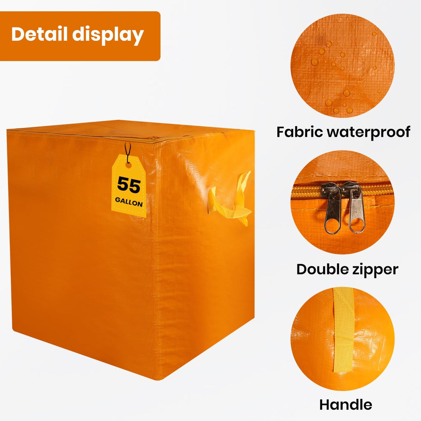 Kiolnoy 2 Pack 55-Gallon Heavy Duty Moving Bags, Large Storage Totes with Zipper, Alternative to Moving Boxes for Storage, Seasonal Clothes, Student Moving, College Dorm (Orange)