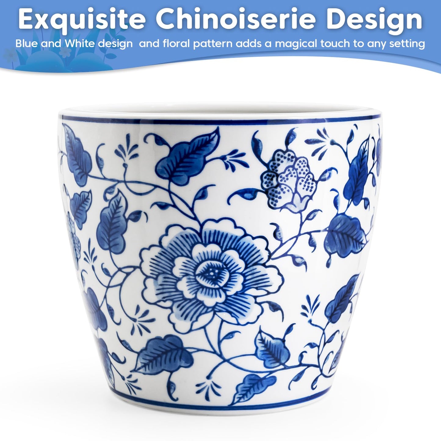 HakkaGirl 8 inch Ceramic Planters for Indoor Plants, Chinoiserie Decor Ceramic Pots for Plants Flower Plant Pots Indoor with Drainage and Saucer, Blue and White