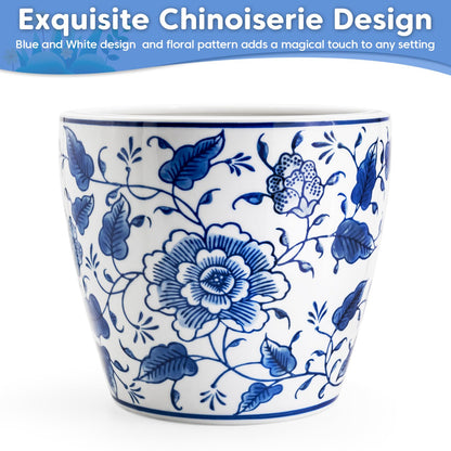 HakkaGirl 8 inch Ceramic Planters for Indoor Plants, Chinoiserie Decor Ceramic Pots for Plants Flower Plant Pots Indoor with Drainage and Saucer, Blue and White