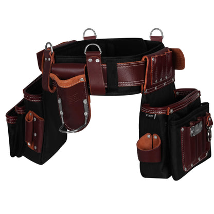 FUERI Electrician's Heavy Duty 26 Pocket Leather-Nylon Tool Belt & Suspender Combo, Comfort Back Support Padded Belt, 2 Large Storage Capacity Pouches, Best for Framers, Carpenter, Roofing