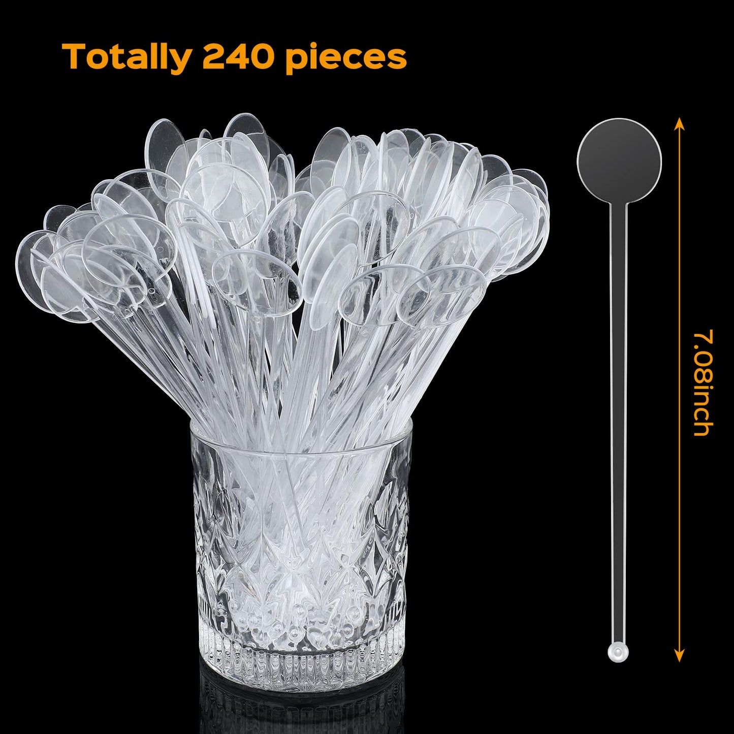 Marsui 240 Pieces 7 Inch Swizzle Sticks for Cocktail Coffee Drink Stirrers Cocktail Stirrers Disposable Stirring Sticks Plastic Disc Top for Mixing Coffee Whiskey Beverage (Clear)