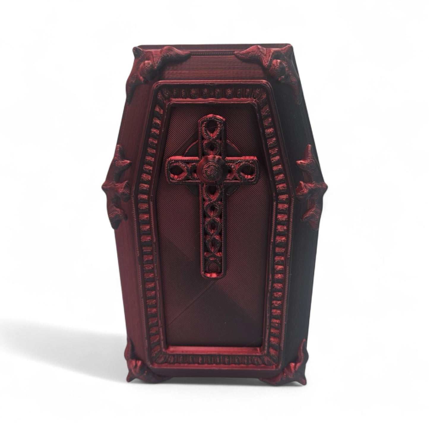 ZZ LIFE Coffin Display Container – Gothic Halloween Storage Box – Spooky Decorative Prop for Desk or Shelf – 3D Printed Creepy Organizer – Goth Inspired Display Case (Red/Black)