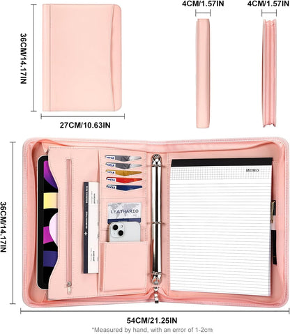 Leathario Portfolio Binder, Includes 10 Sheet Protectors and 3 Notepads, 3-Ring Folder Organizer, A4 Padfolio with Zipper, Vegan Leather Tablet Sleeve, Business Office Conference Clipboards