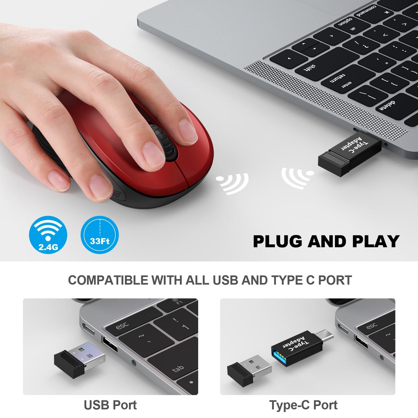 WisFox 2.4G Wireless Mouse for Laptop, Ergonomic Computer Mouse with USB Receiver and 3 Adjustable Levels, 6 Button Wireless Mice for Windows Mac PC Notebook (Grey)