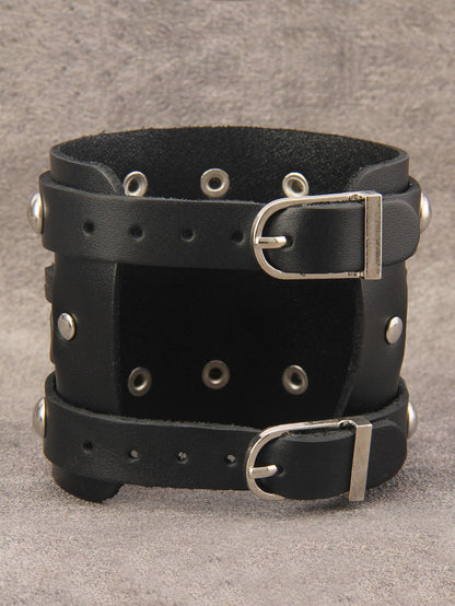 GelConnie Wide Leather Bracelet Thick Black Bracelet Leather Wrap Cuff Bracelet Mens Goth Leather Wristband Bracelet Wrist Cuffs Men