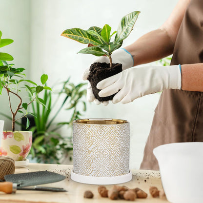 Ceramic Plant Pots with Drainage Hole & Saucer, White & Gold Ceramic Planter Pot for Indoor & Outdoor Use, 5.5" Small Plant Pots Decorative Flowerpots for Succulents, Herbs, Cactus, Orchids Planter