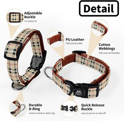 NESTROAD Dog Collar and Leash Set,Soft Neoprene Pet Collar with Quick Release Buckle,Adjustable Nylon Dog Collars for Small Medium Large Dogs(Small,Cherecked Beige)