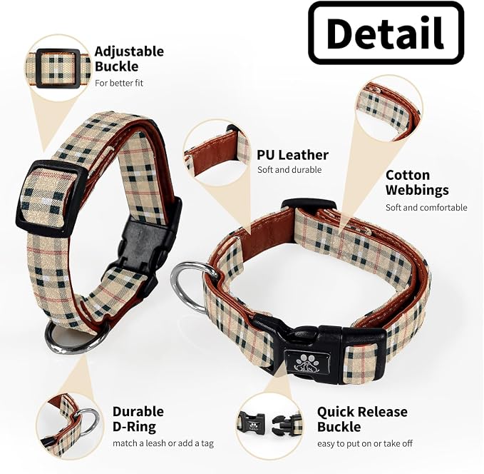 NESTROAD Dog Collar and Leash Set,Soft Neoprene Pet Collar with Quick Release Buckle,Adjustable Nylon Dog Collars for Small Medium Large Dogs(Large,Cherecked Beige)