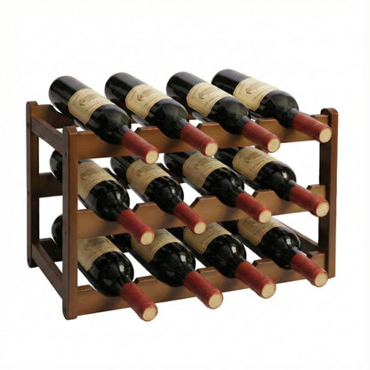 Janedream Bamboo Wine Rack 3-Tier 12 Bottle, Freestanding Countertop Wine Storage Shelf, Sturdy Natural Wine Holder Display Cabinet for Kitchen, Pantry, Dining Room & Home Bar (3 Tier)