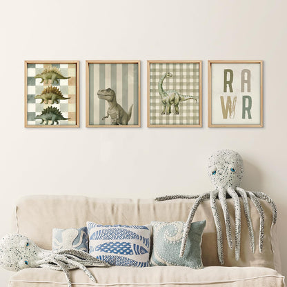 VONTP Retro Funny Dinosaur Wall Decor for Boys Toddler, Dino Rawr Wall Art for Green Dinosaur Room Decor for Kids Bedroom Classroom Playroom, 8x10 Inch Set of 4 (Unframed)