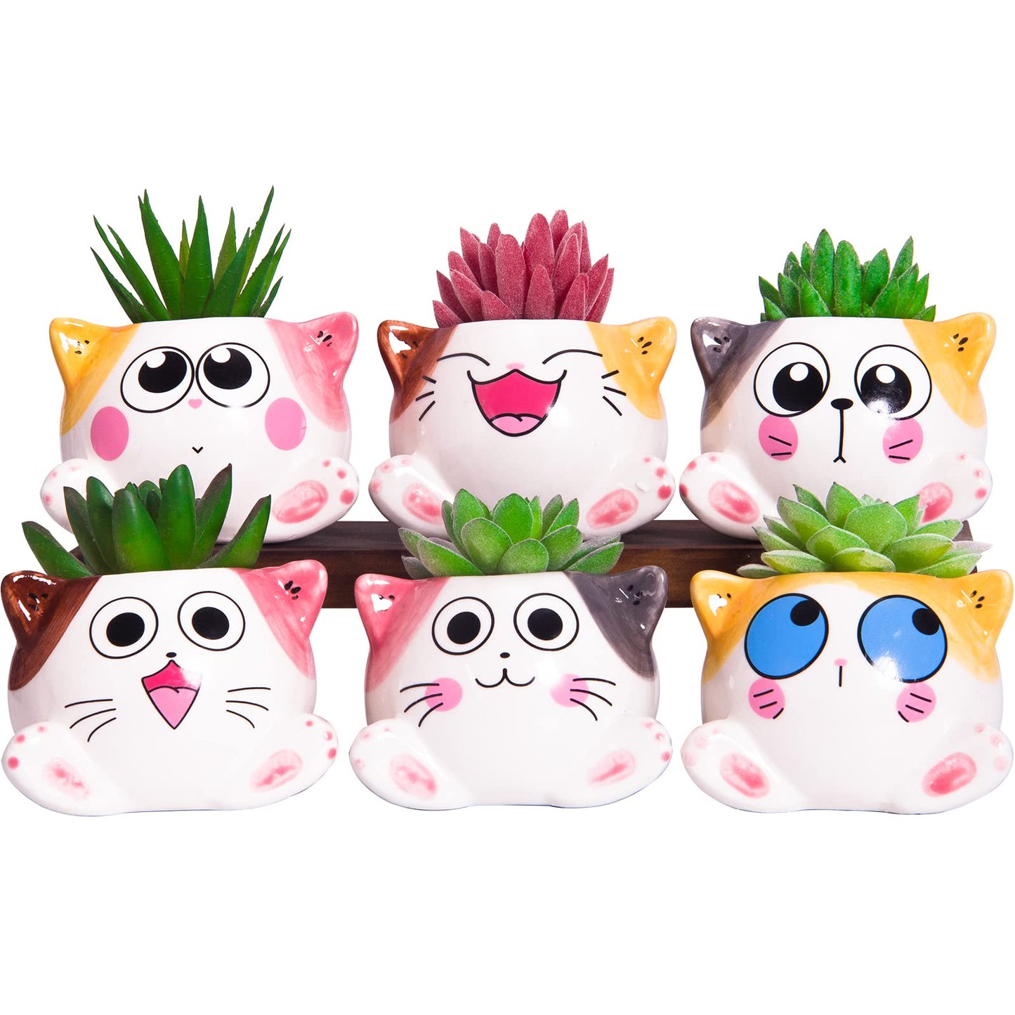 YINUOWEI Cute Succulent Pots with Drainage Cat Planters for Indoor Plants 3.4 Inch Tiny Animal Planters Mini Cat Pots Small Ceramic Flower Pot Cartoon Cactus Plant Pots Set of 6