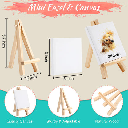 24 Sets Mini Paint Canvas Kit Mini Acrylic Art Party Favor Watercolor Painting Set with Panel Wood Easel Small Art Strips Palettes Brush Teacher School Classroom Reward Party Supplies Birthday Gift