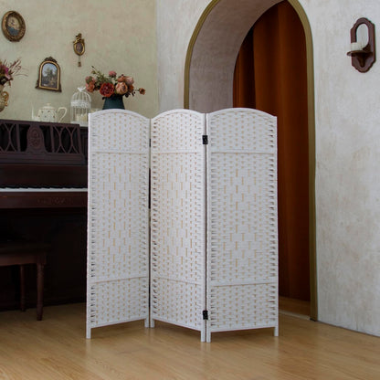Pawlabay Compact 3 Panel Short Room Divider, 47.2 Inch Tall Double-Sided Rattan Folding Screen for Home & Office,White