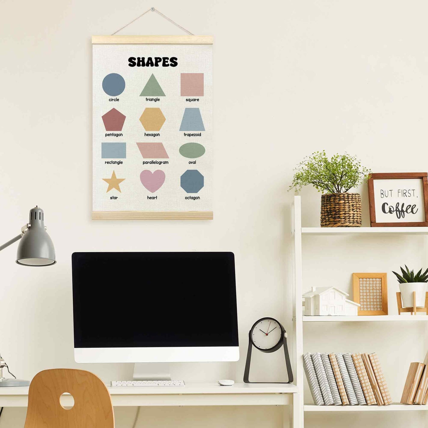 TLESKE Boho Classroom Shapes Chart Poster Hanger Frame, Homeschool Hanging Wall Art Decor for Toddlers Kids Room Nursery Playroom, Preschool Prek Learning Educational Poster Print Banner, 16x24