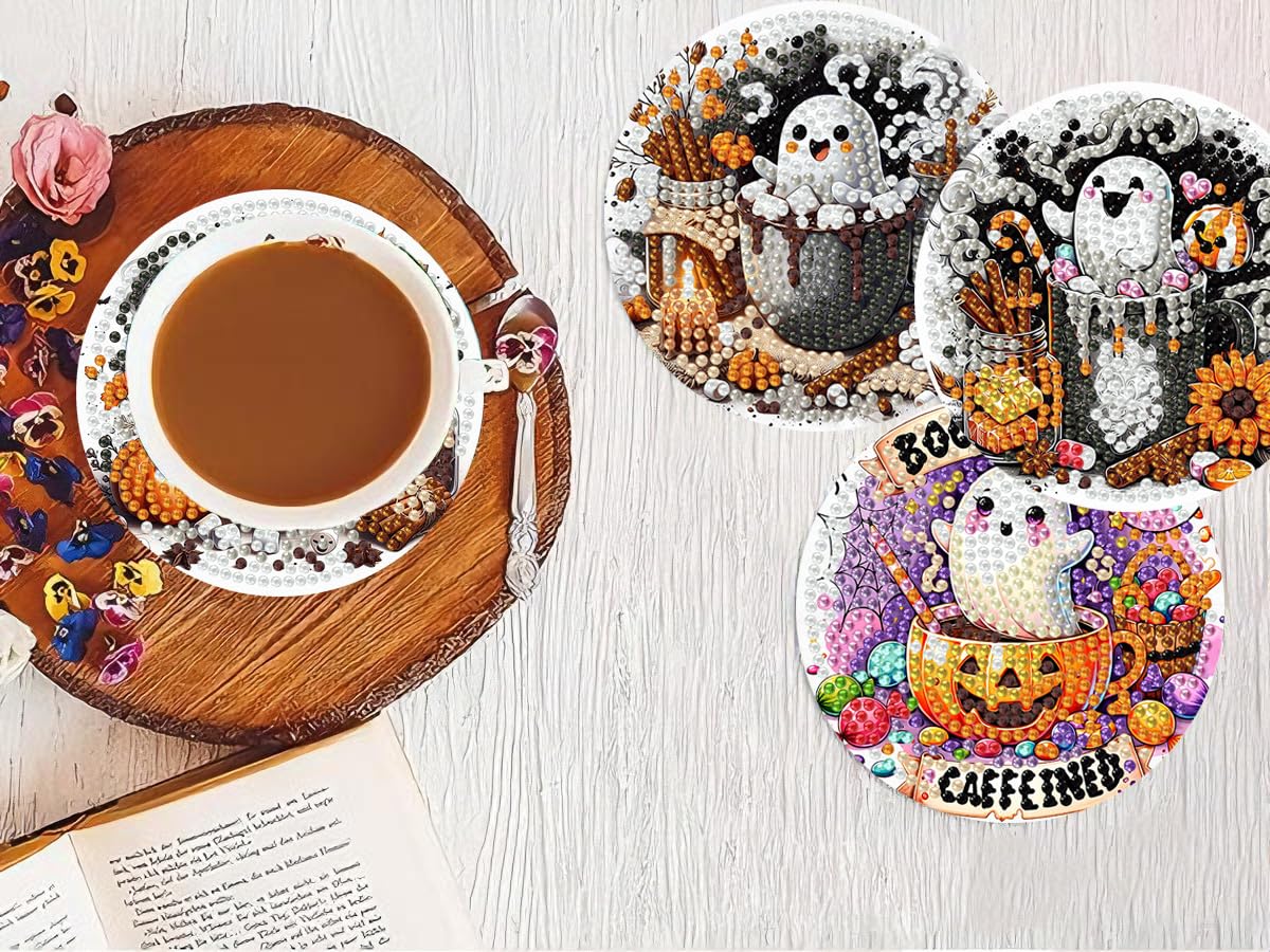 8 PCS Halloween Diamond Art Coasters Kits, Ghost Diamond Painting Coaster Kits Diamond Coasters with Holder Cork Pads Gem Art Dots Paintings Crafts Supplies for Adults Beginners