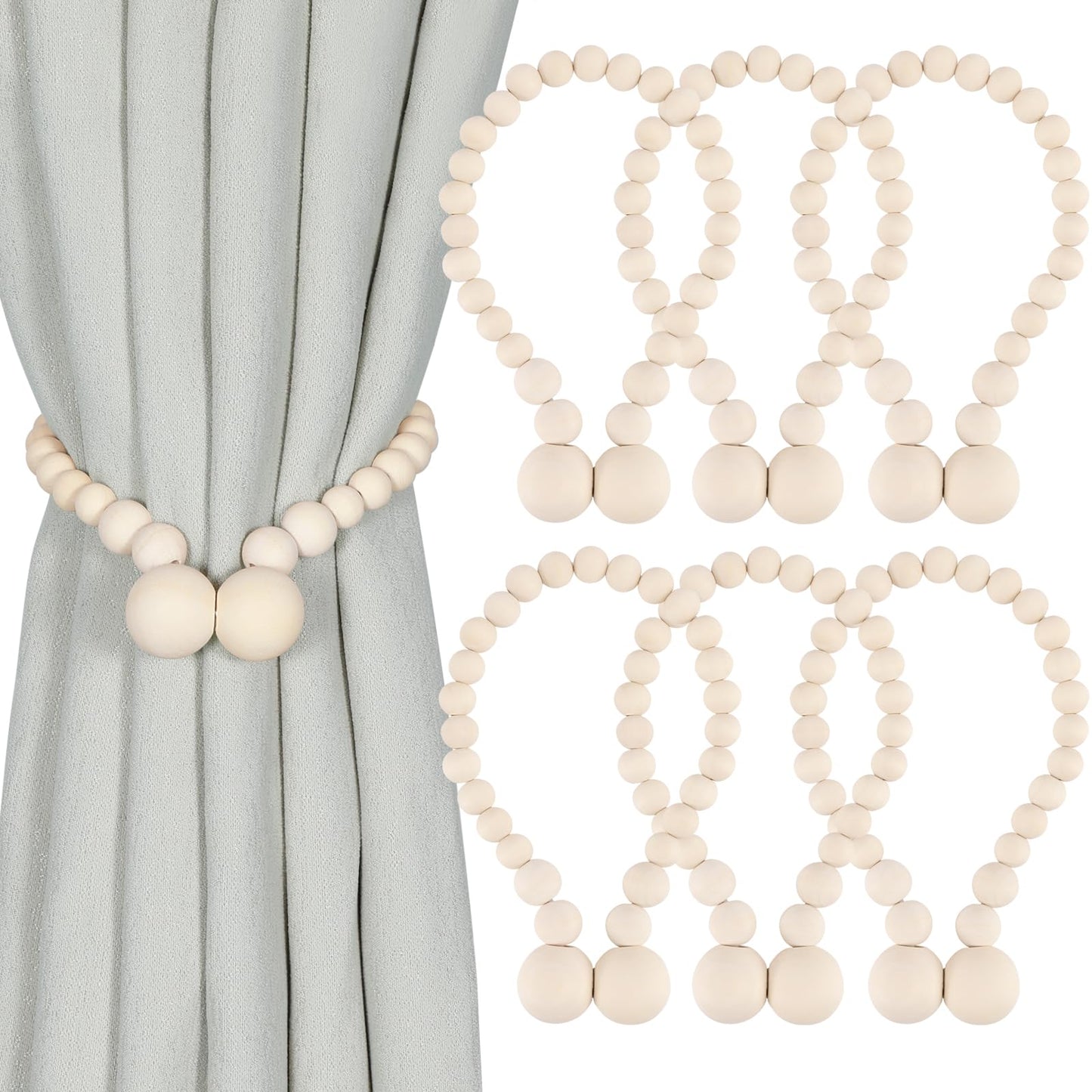 KLOGTSIND Magnetic Curtain Tiebacks, Curtain Tie Backs for Curtains 6 Pack, Wood Bead Curtain Tiebacks, Curtain Holders for Boho Bedroom Decor, Baby Nursery Decor, Farmhouse Decor