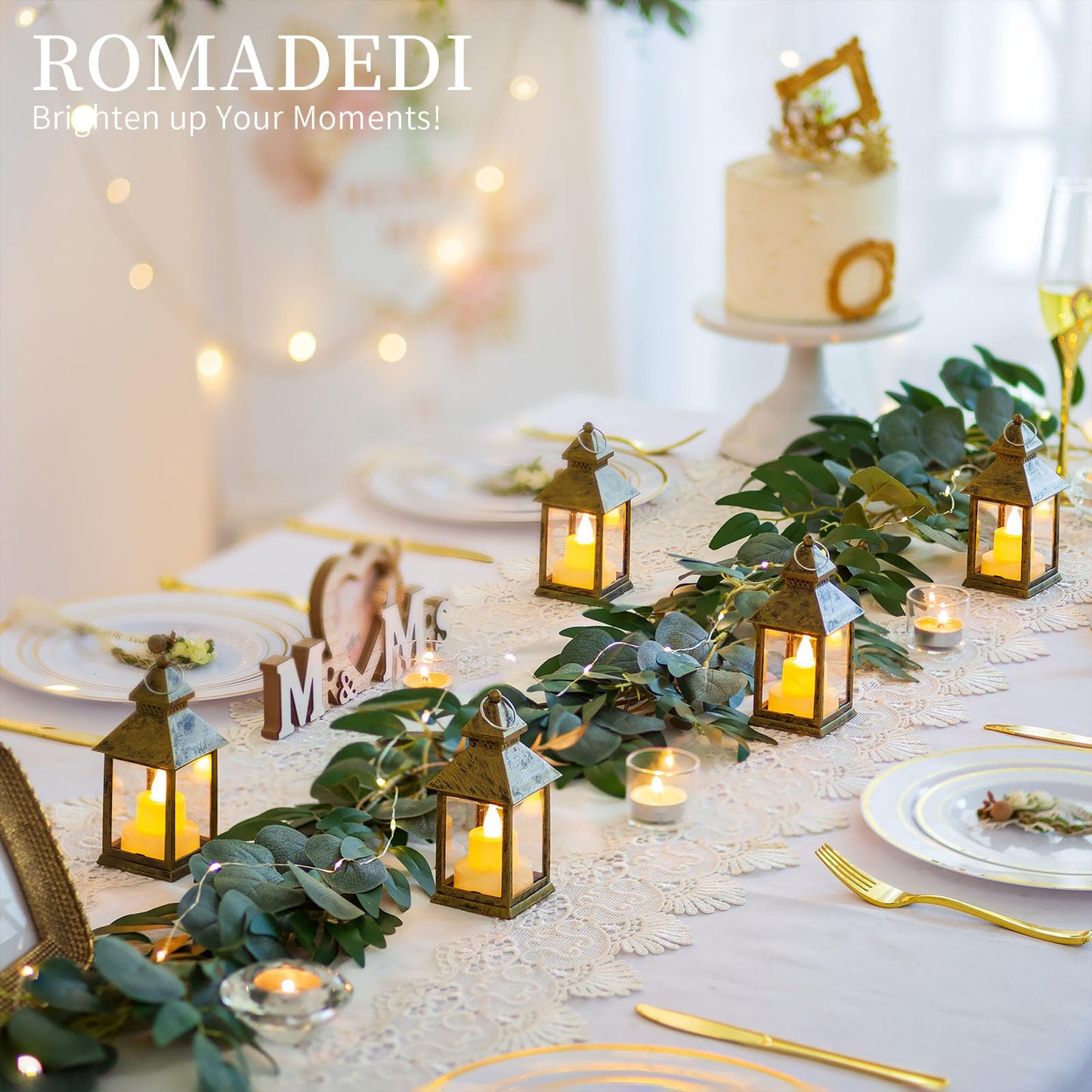 Romadedi Mini Lanterns Decorative for Centerpiece -10 PCS Hanging Small Gold Lantern Bulk with Flickering LED Candles for Wedding Table Decor Halloween Decorations Christmas, Batteries Included